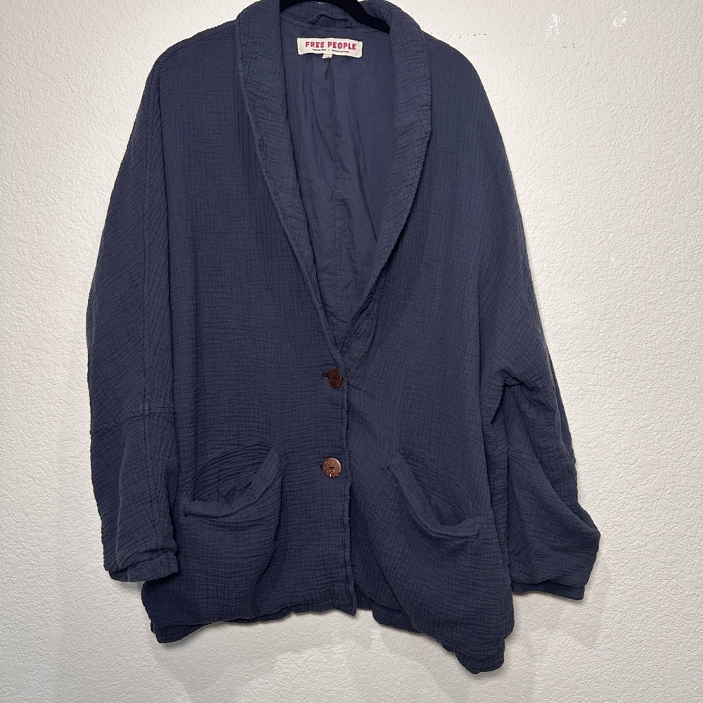 Free People Womens Oversized Cotton Gauze Blazer Jacket Blue Medium Shawl Collar